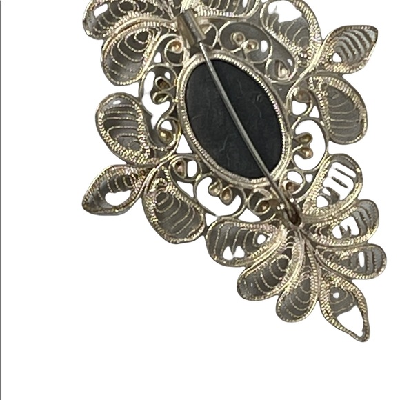 Vintage Large silver filagree black stone fancy bar brooch - Picture 3 of 6